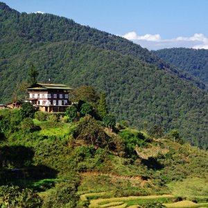 Bhutan - traditional house surrounded by farmland