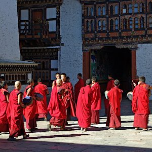 Monks practising festival dances, Mongar Dzong, Bhutan