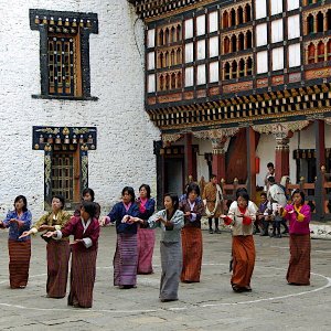 Village girls practising dance, Trashigang Dzong, Bhutan