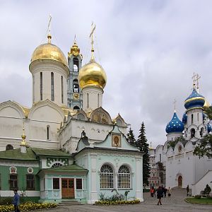 Trinity St Sergius Monastery, Trinity Cathedral with St Nikon's Chapel and the Assumption Cathedral on the right