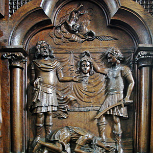 Lanmeur church pulpit - detail of panel of life of St Mélar