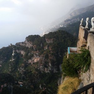 view from the Terrace of Infinity of the Villa Cimbrone garden in Ravello in the rain