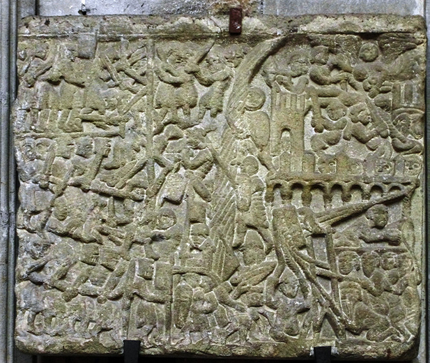 Carcassonne, Basilique St-Nazaire - siege stone depicting death of Simon de Montfort
