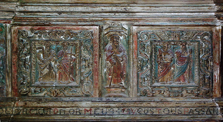 Church of St Herbot, carving of St Herbot and the apostles on the rood screen