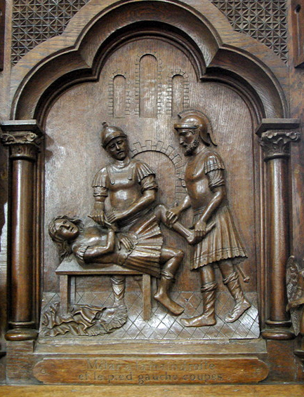 Lanmeur church pulpit - detail of panel of life of St Mélar