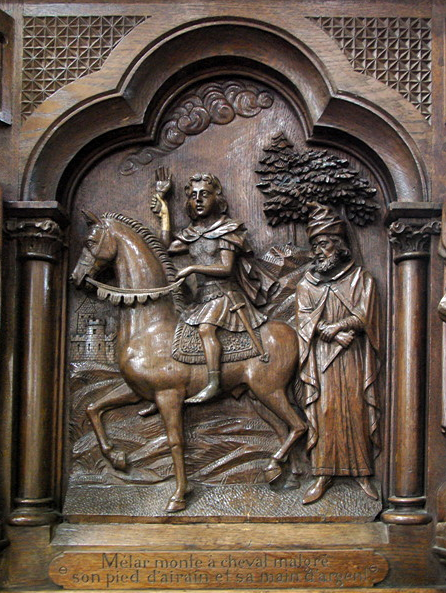 Lanmeur church pulpit - detail of panel of life of St Mélar