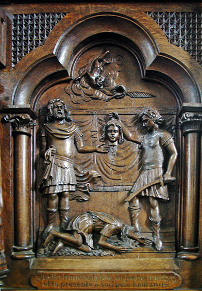 Lanmeur church pulpit - detail of panel of life of St Mélar