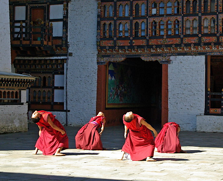 Monks practising festival dances, Mongar Dzong, Bhutan
