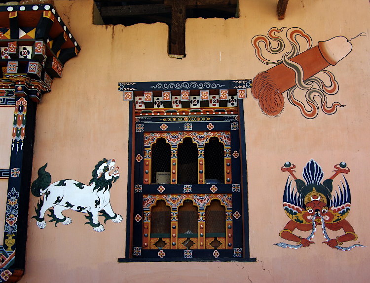 Painted decoration on a traditional house in Lobesa village near Chimi Lhakhang, Bhutan