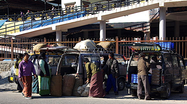 Stall holders arriving for the Weekend Market, Thimphu, Bhutan