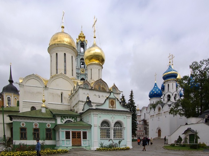 Trinity St Sergius Monastery, Trinity Cathedral with St Nikon's Chapel and the Assumption Cathedral on the right