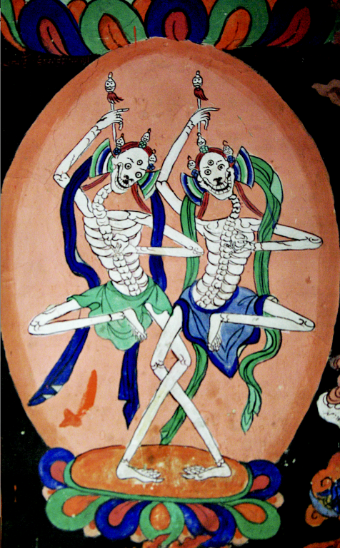 Two skeletons dancing (Chitapati) painting in the Dukhang, Matho Gompa