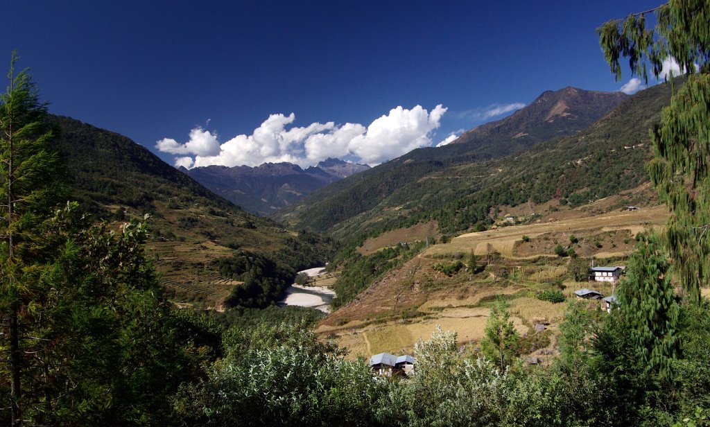 View from Trashi Yangtsi Dzong, looking up to Bumdeling Wildlife Sanctuary, Bhbutan