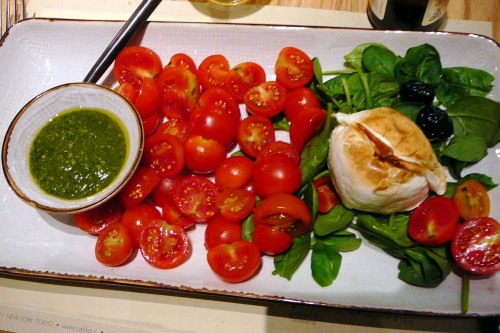 Smoke Mozzarella with tomatoes, basil and pesto