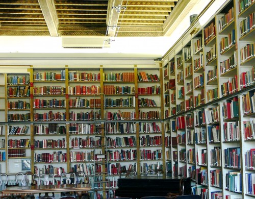 Books line the main lecture room