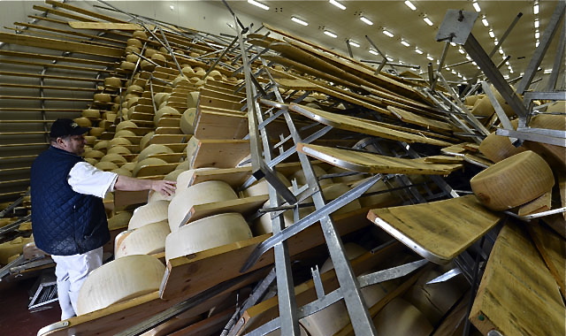 A worker surveys the loss of thousands of wheels of cheese